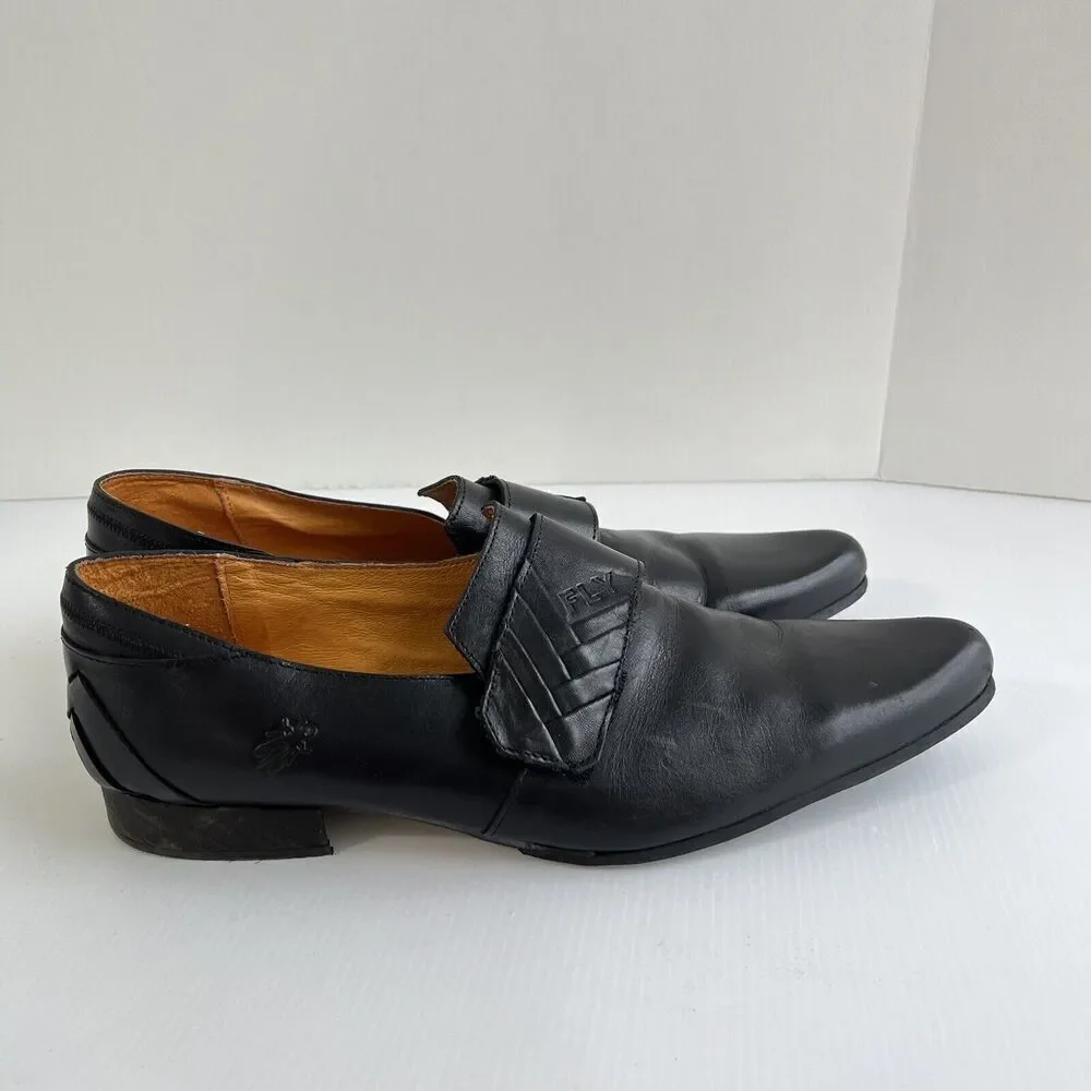 Fly London Mens Dress Shoes Size 44 US 10.5 Black Leather Monk Strat Adjustable